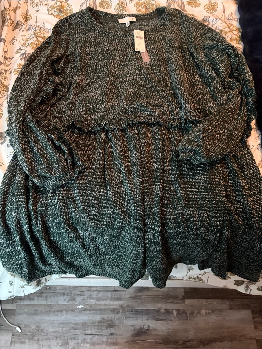 Anthropology‎ Textured Dark Green Smocked Waist Long Sleeve Dress